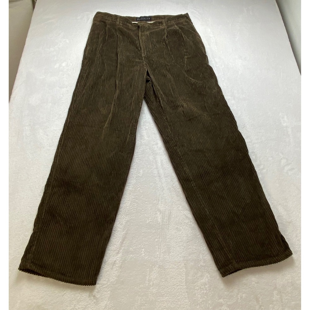 Baracuta Mens 38x34 Wide Wale Corduroy Pleated Pants Brown Olive Straight Leg - Picture 6 of 14